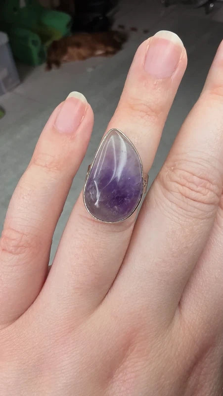 bague acier inoxydable pierre naturelle améthyste forme goutte larme ajustable