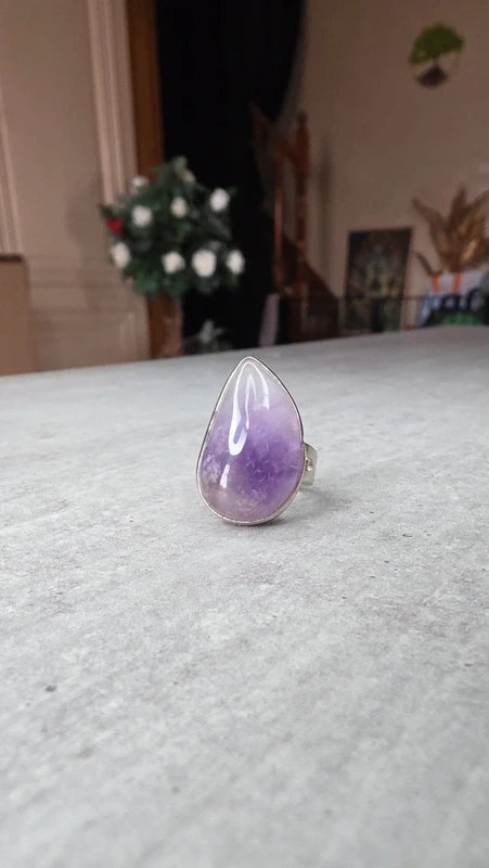 bague acier inoxydable pierre naturelle améthyste forme goutte larme ajustable