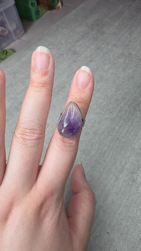 bague acier inoxydable pierre naturelle améthyste forme goutte larme ajustable