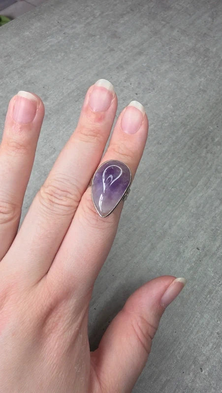 bague acier inoxydable pierre naturelle améthyste forme goutte larme ajustable