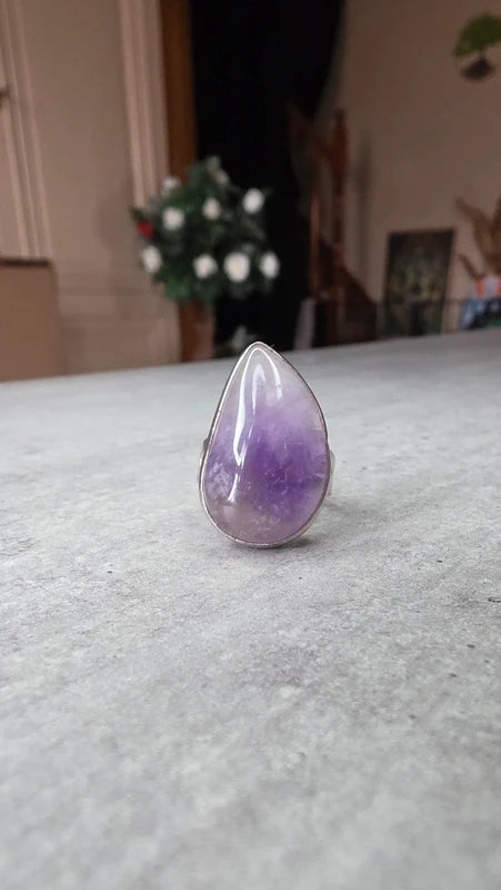 bague acier inoxydable pierre naturelle améthyste forme goutte larme ajustable