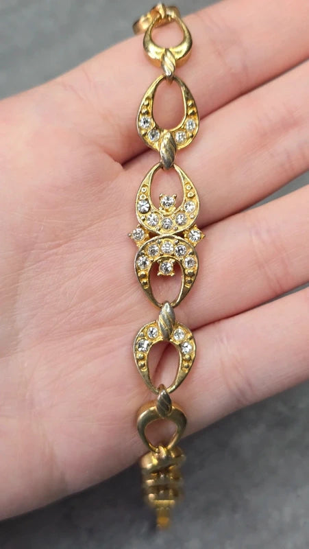 bracelet vintage - neuf - maillon doré - pierre strass argenté - élégant chic