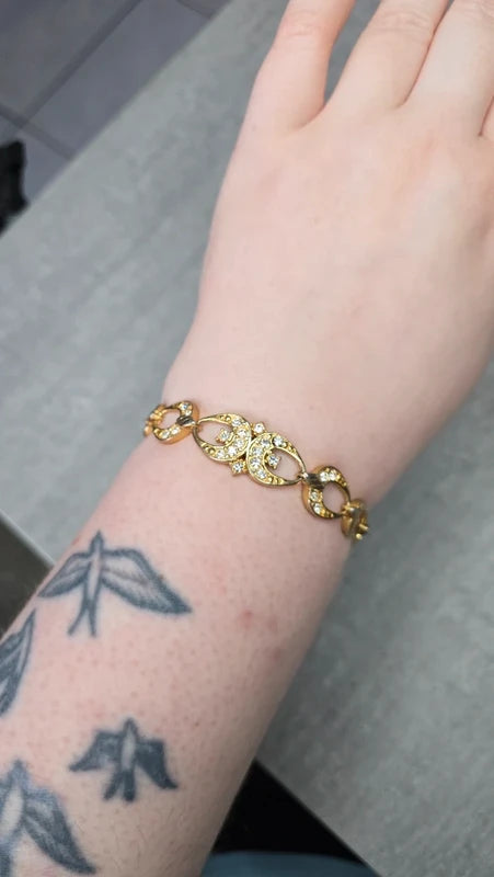 bracelet vintage - neuf - maillon doré - pierre strass argenté - élégant chic