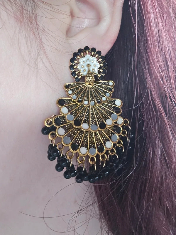 boucles d'oreilles vintage - neuf - perles - effet éventail - fleurs doré noir gris blanc - longue pendante