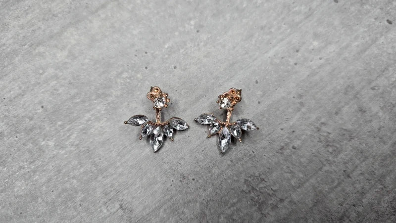 boucles d'oreilles neuf - 2 paires en 1 - strass brillants argenté or rose gold fleurs - pendante