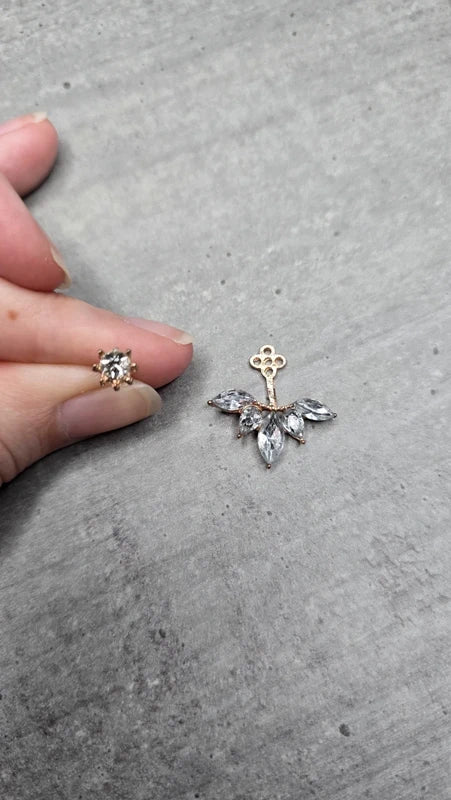 boucles d'oreilles neuf - 2 paires en 1 - strass brillants argenté or rose gold fleurs - pendante