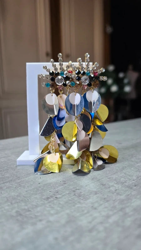 boucles d'oreilles neuf - chic - strass multicolore argenté doré rond fleur brillante - légère pendante