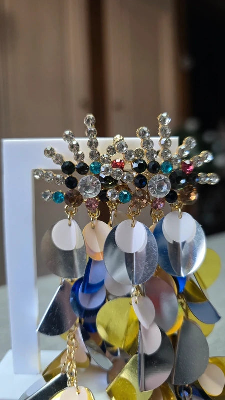 boucles d'oreilles neuf - chic - strass multicolore argenté doré rond fleur brillante - légère pendante