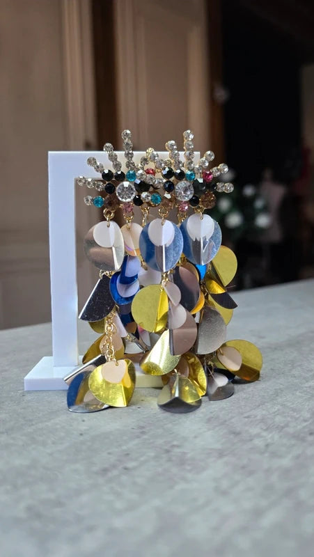 boucles d'oreilles neuf - chic - strass multicolore argenté doré rond fleur brillante - légère pendante