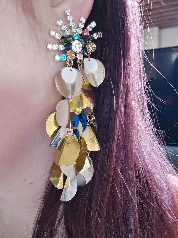 boucles d'oreilles neuf - chic - strass multicolore argenté doré rond fleur brillante - légère pendante
