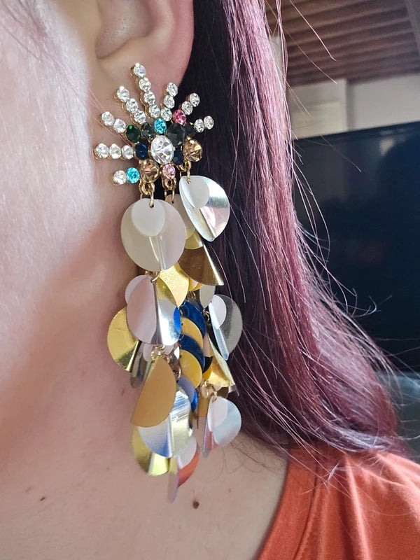 boucles d'oreilles neuf - chic - strass multicolore argenté doré rond fleur brillante - légère pendante