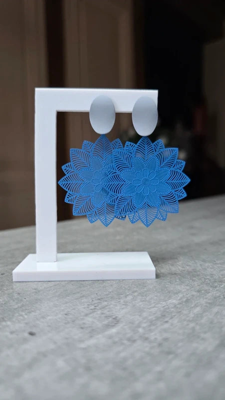 Boucles d'oreilles - neuf - bleu gris bleu - mandala relief fleurs - chic tendance - légère