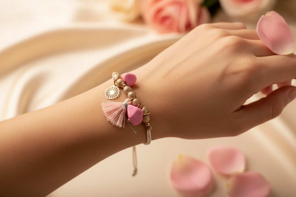 bracelet neuf - élastique - pendentif charms breloque : pierre mandala fleur pompons perles doré paillettes