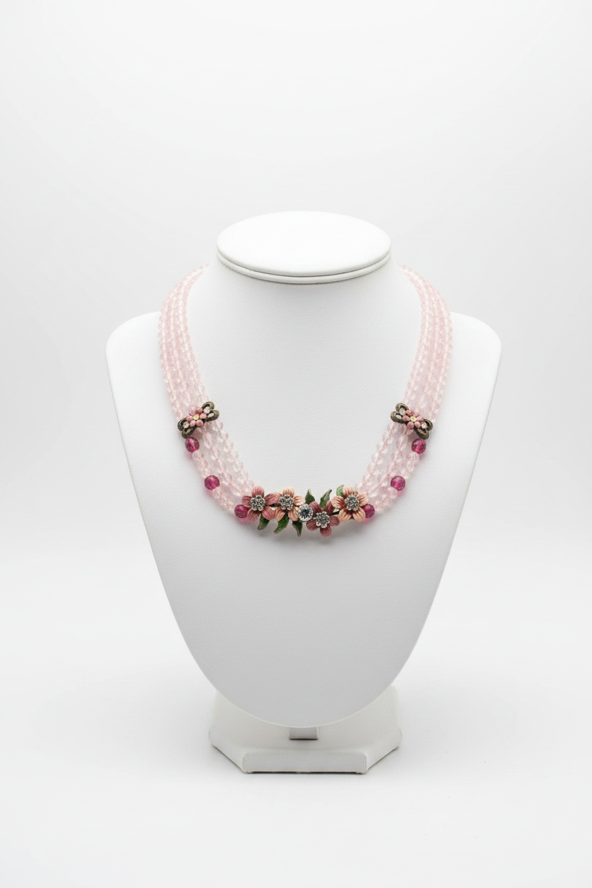 Collier vintage - neuf - rose fuchsia - perles pierre strass brillant - fleurs - chic tendance élégant