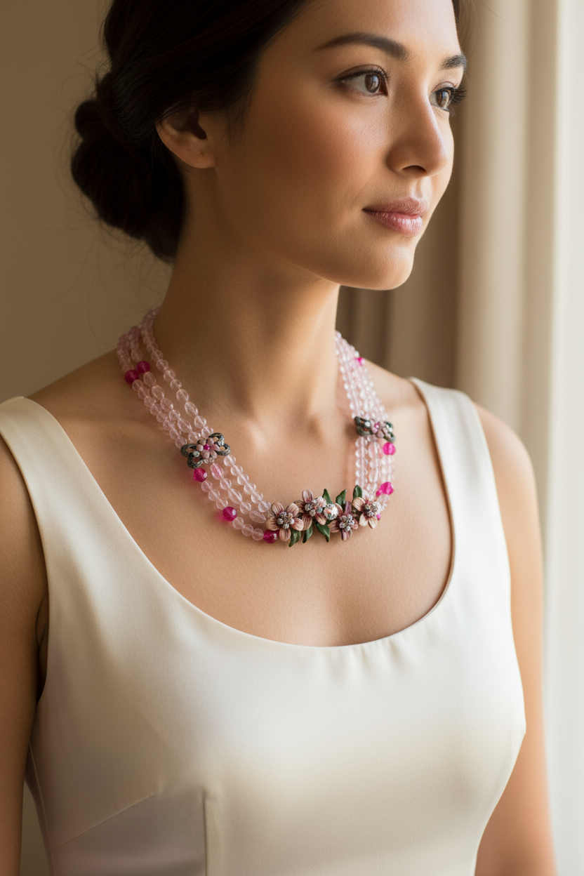Collier vintage - neuf - rose fuchsia - perles pierre strass brillant - fleurs - chic tendance élégant