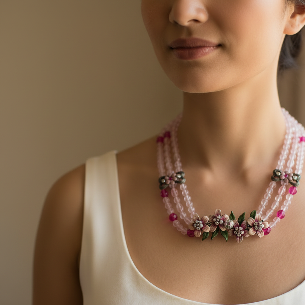 Collier vintage - neuf - rose fuchsia - perles pierre strass brillant - fleurs - chic tendance élégant