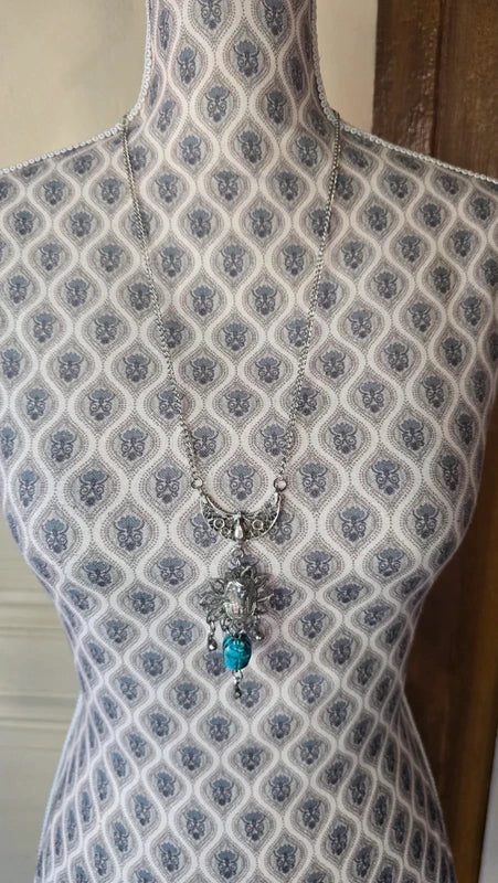 collier sautoir vintage - chaine argenté - pendentif travaillé pharaon - pierre turquoise - rare antique égyptien
