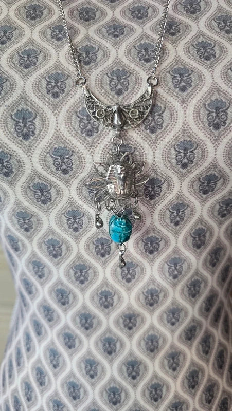collier sautoir vintage - chaine argenté - pendentif travaillé pharaon - pierre turquoise - rare antique égyptien