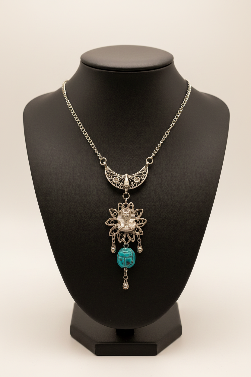 collier sautoir vintage - chaine argenté - pendentif travaillé pharaon - pierre turquoise - rare antique égyptien