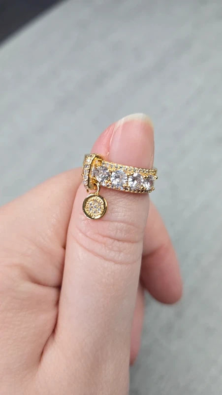 bague - doré - style luxe - strass brillant pampille charms breloque pendentif rond scintillant - chic