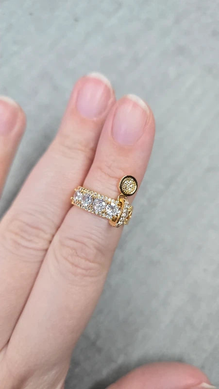 bague - doré - style luxe - strass brillant pampille charms breloque pendentif rond scintillant - chic
