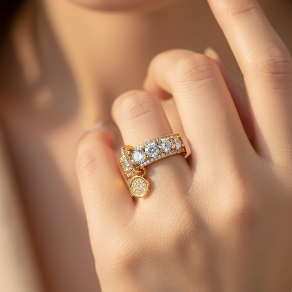 bague - doré - style luxe - strass brillant pampille charms breloque pendentif rond scintillant - chic