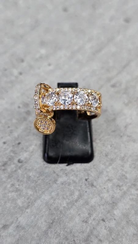bague - doré - style luxe - strass brillant pampille charms breloque pendentif rond scintillant - chic