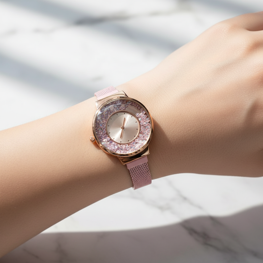 montre - neuf - or rose cristaux scintillant - cadran facetté - bracelet maille aimanté - inspiration luxe