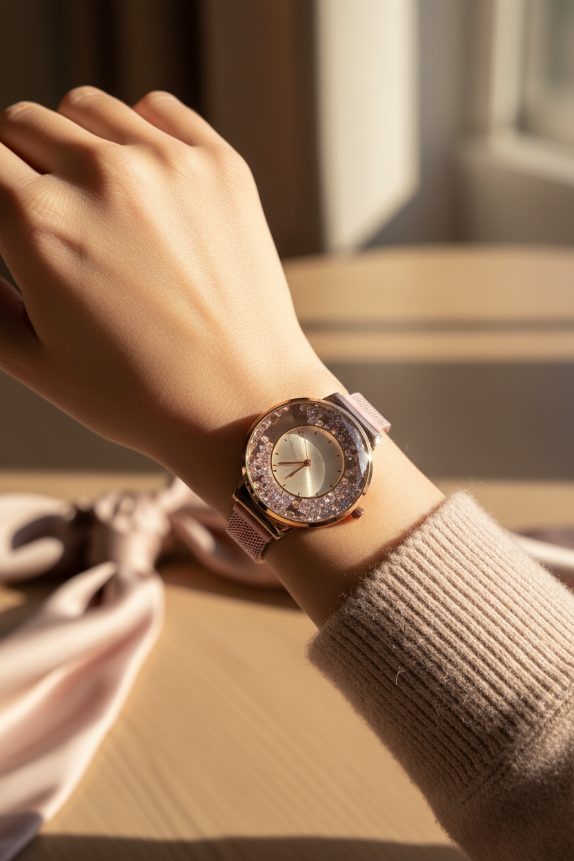 montre - neuf - or rose cristaux scintillant - cadran facetté - bracelet maille aimanté - inspiration luxe
