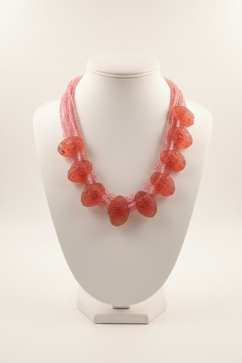 collier vintage - neuf - perles rose fuchsia nacré - pendentif pierres brut corail ambre géode - chic original