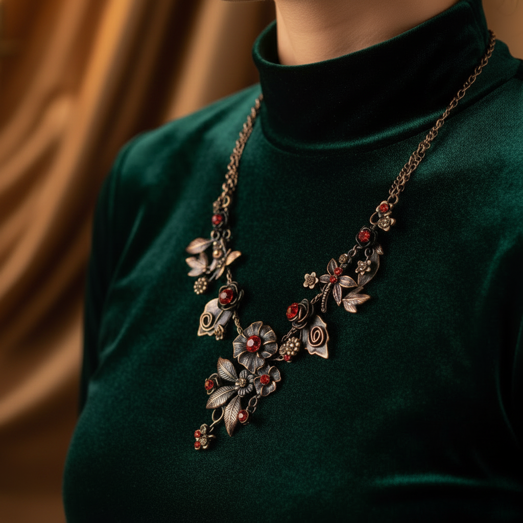 collier vintage - laiton - pendentif fleurs rose pierres strass orange - baroque chic