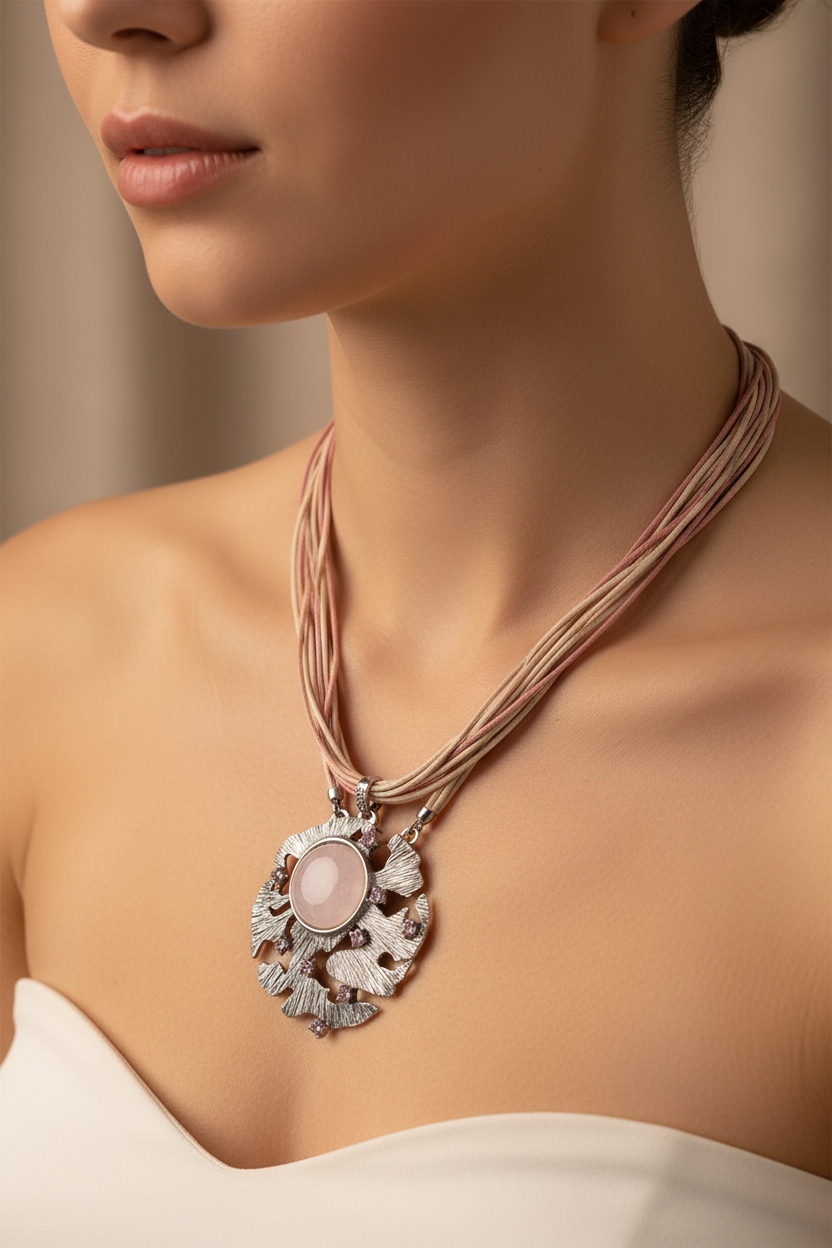 collier vintage - neuf - rose pastel - pendentif argenté texturé - pierre rose paillettes - pierres strass brillant