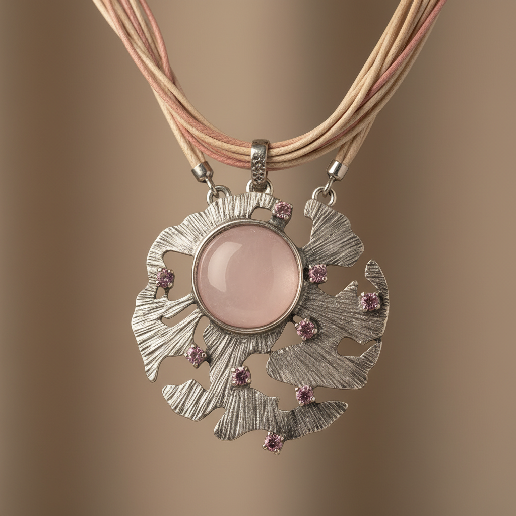 collier vintage - neuf - rose pastel - pendentif argenté texturé - pierre rose paillettes - pierres strass brillant