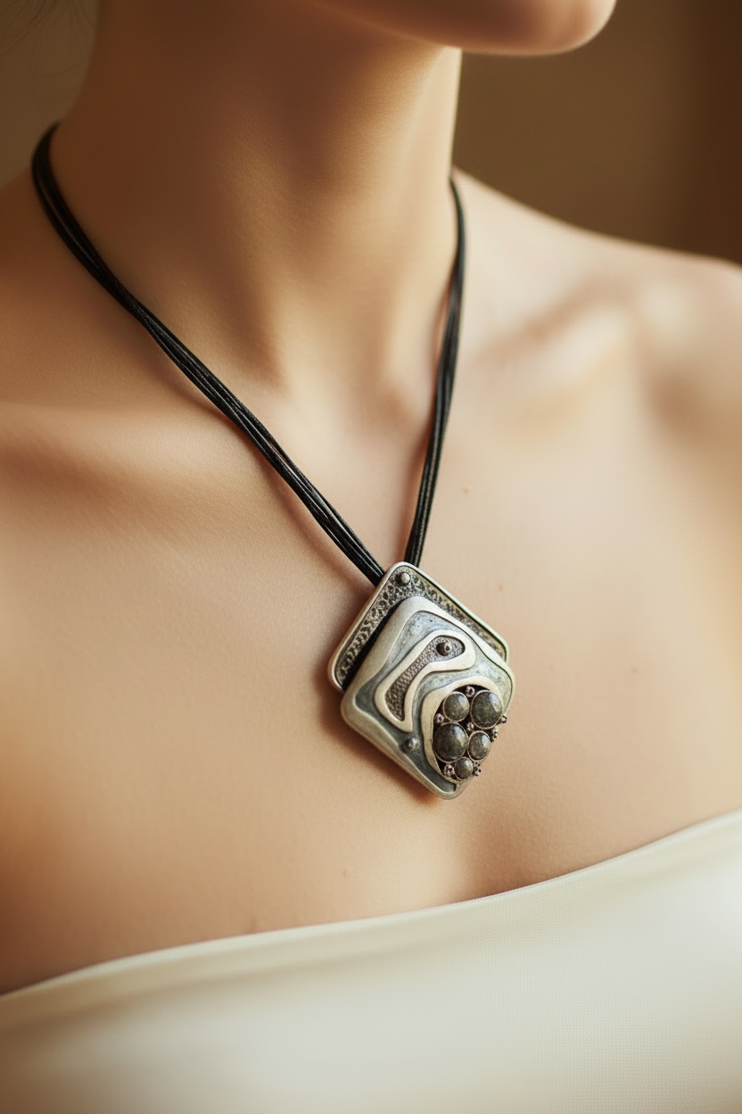 collier vintage - neuf - pendentif losange - noir gris résine paillette pierre strass travaillé - design