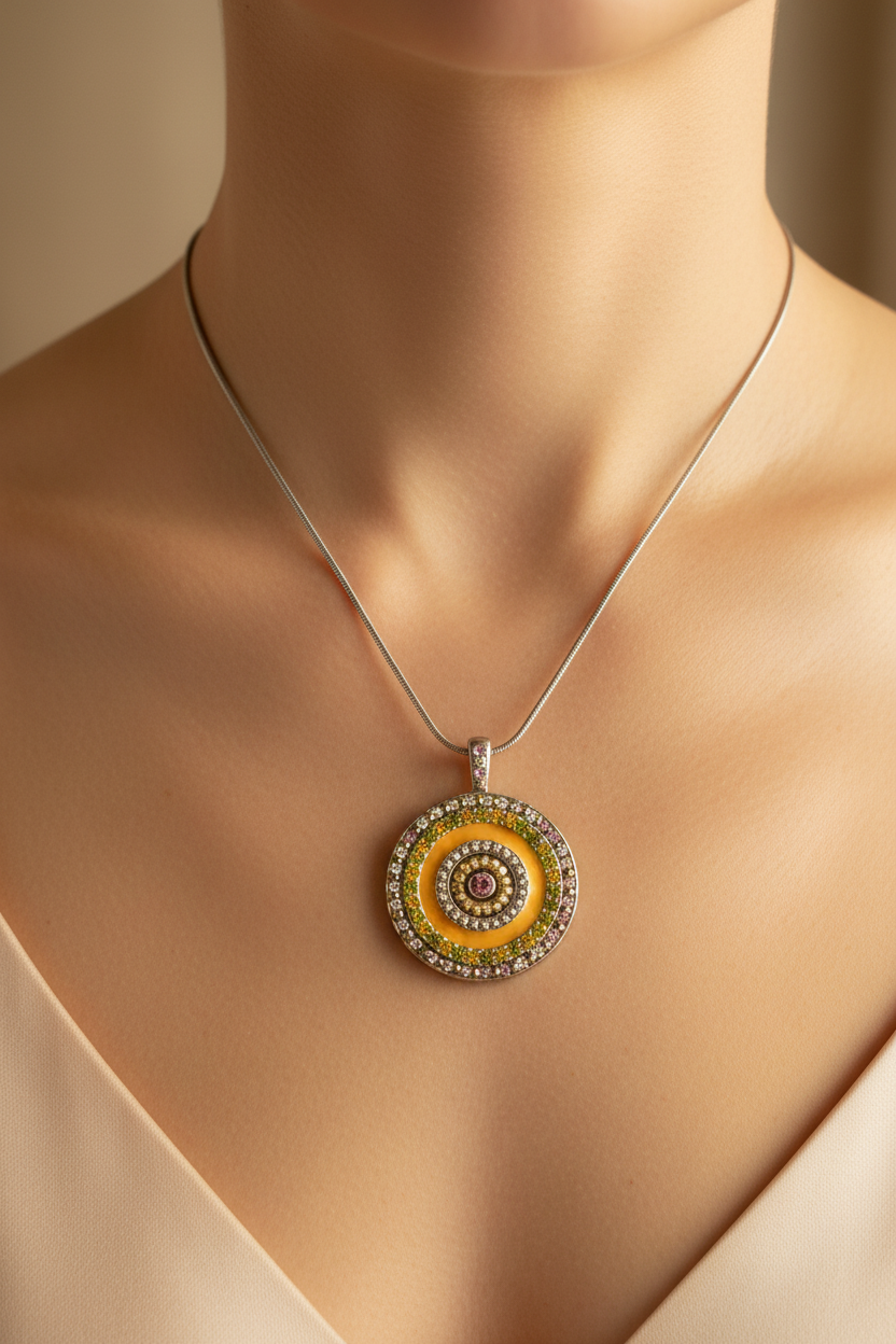 collier vintage - chaine argenté - pendentif rond strass perles orange vert rose jaune