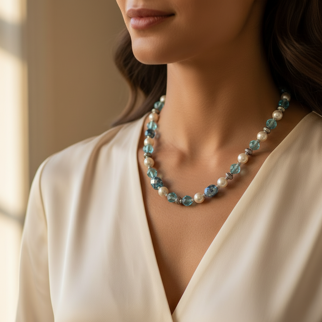 Collier vintage - neuf - perles blanc nacré bleu translucide argenté - rétro chic élégant