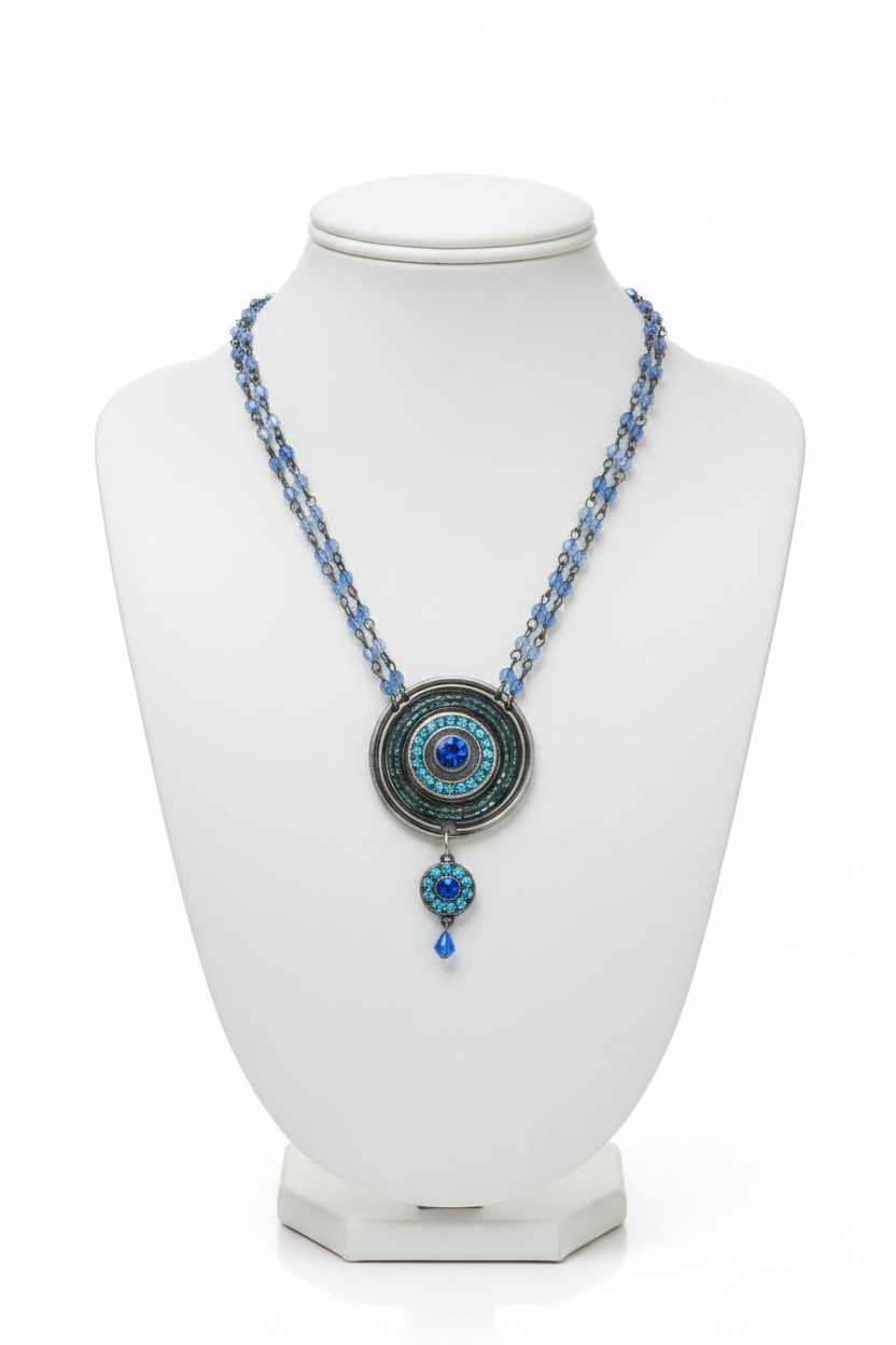 collier vintage - neuf - chaine perles bleu translucide - pendentifs ronds strass brillants bleu turquoise - chic élégant