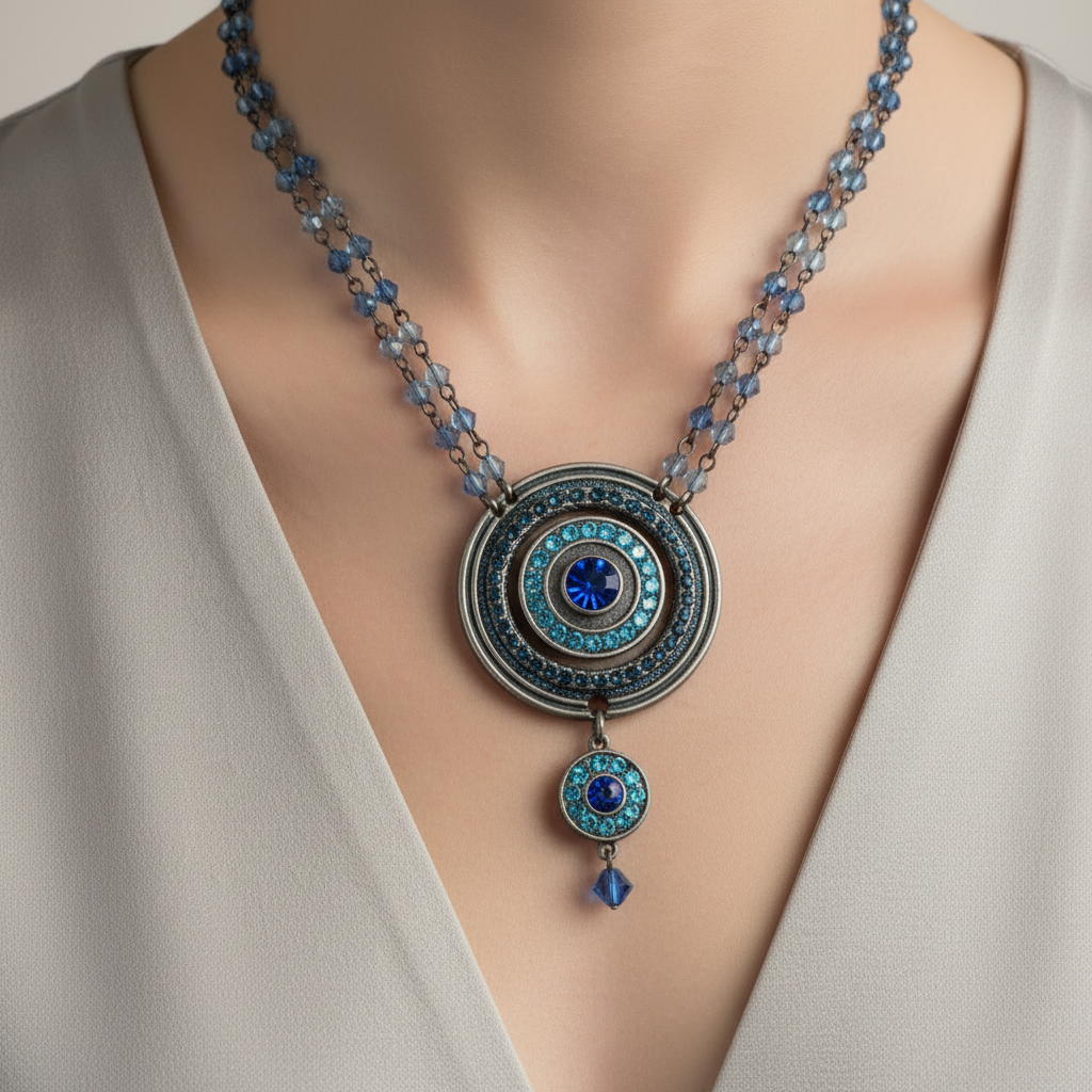 collier vintage - neuf - chaine perles bleu translucide - pendentifs ronds strass brillants bleu turquoise - chic élégant