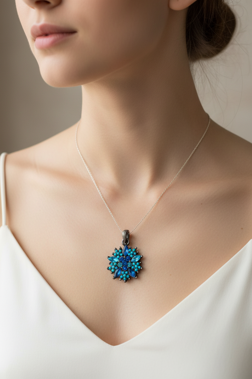 pendentif vintage - neuf - forme étoile fleur - strass bleu turquoise bleu clair - brillant chic élégant