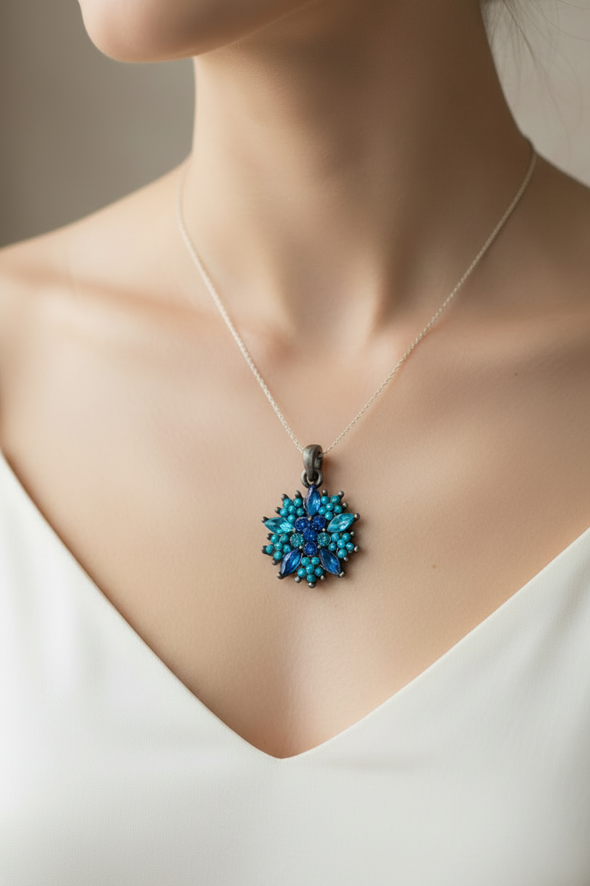 pendentif vintage - neuf - forme étoile fleur - strass bleu turquoise bleu clair - brillant chic élégant