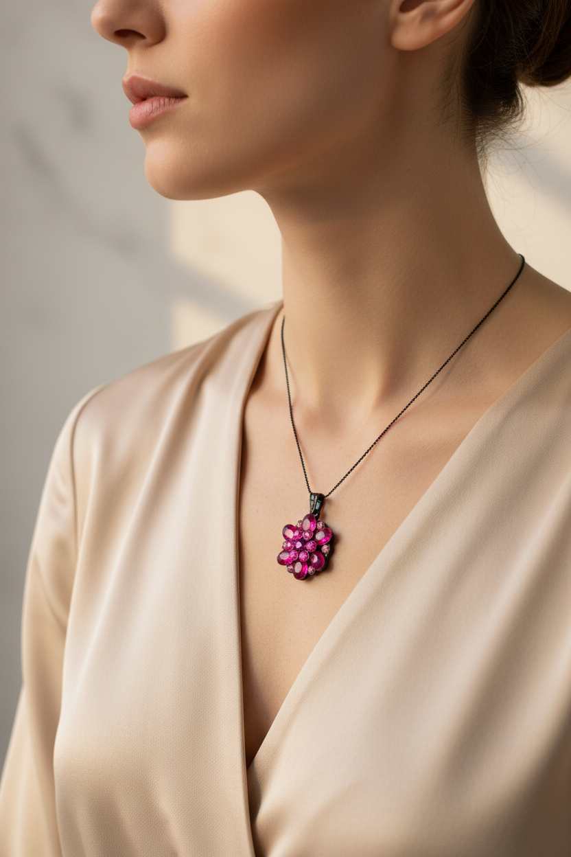 pendentif vintage - neuf - fleur strass rose fuchsia élégant chic lumineux
