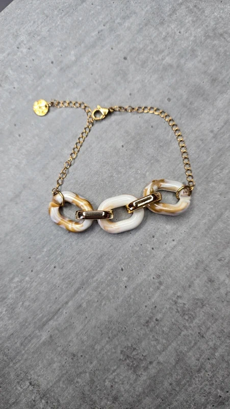 bracelet - fait main - chaine acier inoxydable doré - maillon résine marbré marron caramel blanc - tendance