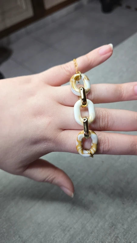 bracelet - fait main - chaine acier inoxydable doré - maillon résine marbré marron caramel blanc - tendance