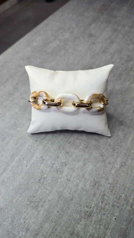 bracelet - fait main - chaine acier inoxydable doré - maillon résine marbré marron caramel blanc - tendance