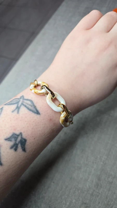 bracelet - fait main - chaine acier inoxydable doré - maillon résine marbré marron caramel blanc - tendance