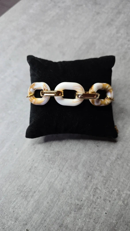 bracelet - fait main - chaine acier inoxydable doré - maillon résine marbré marron caramel blanc - tendance