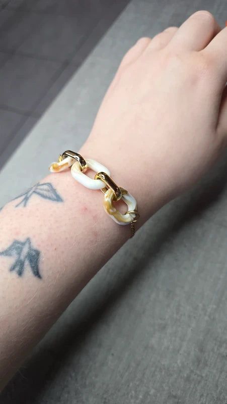 bracelet - fait main - chaine acier inoxydable doré - maillon résine marbré marron caramel blanc - tendance