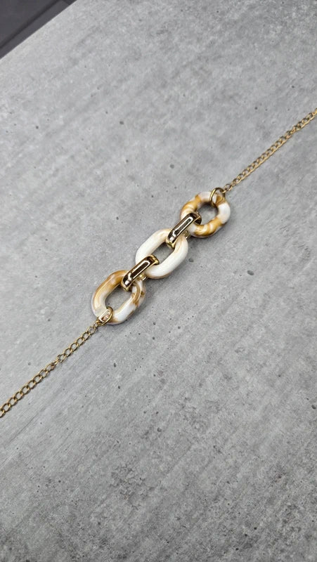 bracelet - fait main - chaine acier inoxydable doré - maillon résine marbré marron caramel blanc - tendance