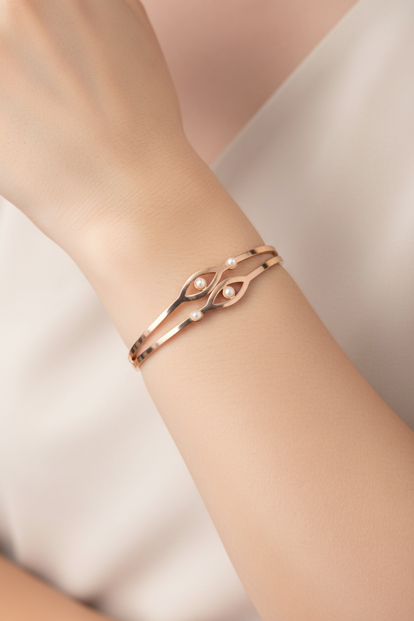 bracelet jonc - neuf - doré - ajouré - perles blanches nacrée - ajustable - chic élégant - acier inoxydable