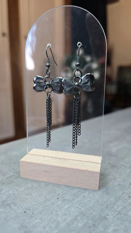 boucles d'oreilles vintage - neuf - y2k années 2000 - double noeud noir pampilles chaines - chic élégante pendante légère
